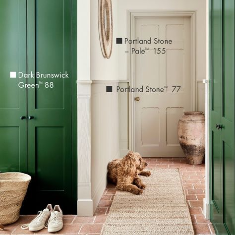 Little Greene on Instagram: “'Dark Brunswick Green' is a smart and confident shade which was used extensively on front doors and railings.⁠ ⁠” Dark Brunswick Green, Pompeian Ash, Brunswick Green, Dark Green Paint, Boot Room Utility, Portland Stone, Holly House, Green Hallway, Custom Made Curtains