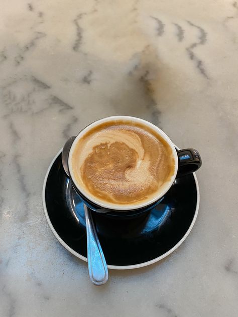 Hot coffee in a black cup on a smooth marble table. Flat White Coffee Aesthetic, White Coffee Aesthetic, Marble Table Coffee, Dj Harvey, Flat White Coffee, Coffee Aesthetic, Flat White, Table Coffee, + Core + Aesthetic