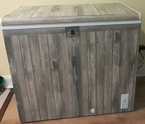 Dressed up our utilitarian chest freezer with a little wood print contact paper Hide A Freezer Chest, Freezer Cover Up Chest, Chest Freezer In Kitchen, Hide Chest Freezer, Hide Chest Freezer Ideas, Deep Freezer Makeover Wood, Chest Freezer Makeover, Deep Freezer In Kitchen, Deep Freezer Makeover