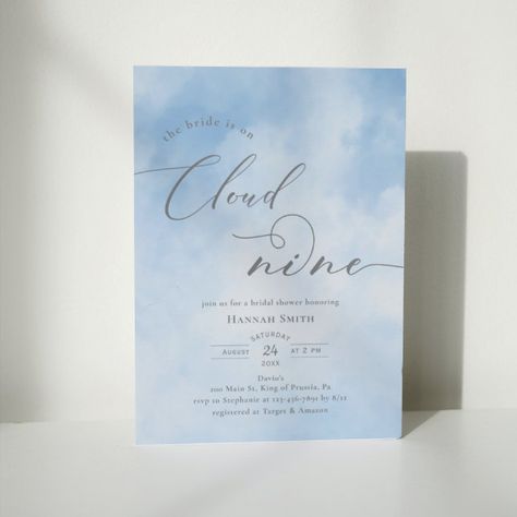 Editable Template Watercolor On Cloud 9 Bridal Shower Invitation On Cloud 9 Bridal Shower, Dreamy Bride, Beach Bridal Shower Invitations, Cloud Background, Bridal Shower Wine, Minimalist Invitation, Beach Bridal Showers, Invitations Ideas, Watercolor Clouds