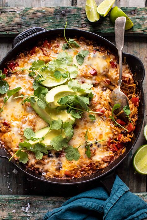 Simple One Skillet Cheesy Cuban Chicken Rice Bake...the perfect pantry staple recipe: easy, cheesy, takes under an hour to make, and all-around delicious! Half Baked Harvest One Skillet, Chicken Rice Bake, Cuban Chicken, Half Baked Harvest Recipes, Rice Bake, 30 Min Meals, One Skillet, Harvest Recipes, Half Baked