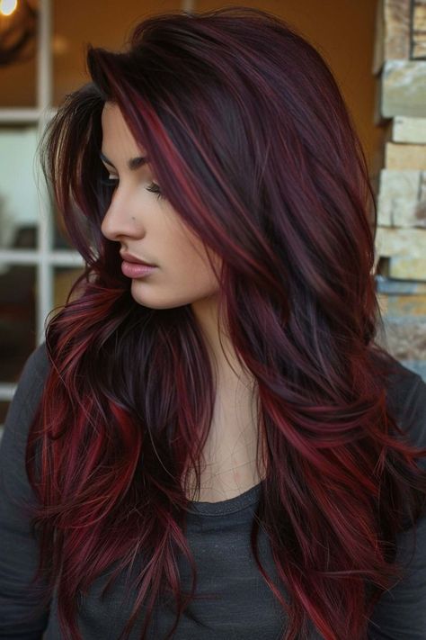 Ultimate Guide to Cherry Red Hair Color Trends Dark Brown Hair With Red Highlights Straight, Red Hair With Natural Roots, Red Highlights Red Hair, Hair Color Ideas For Brunettes Red, Dark Red With Highlights, Red Hair Ideas Highlights, Highlighted Red Hair, Dark Red Hair With Highlights, Brunette And Red Hair