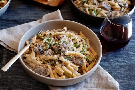 Sausage, Asparagus, and Mustard Strozzapreti Recipe Sausage Asparagus Recipes, Strozzapreti Recipes, Meat Entrees, Whole Grain Mustard, Kitchen Secrets, Quick Cooking Recipes, Main Entrees, Asparagus Pasta, Recipes Pasta