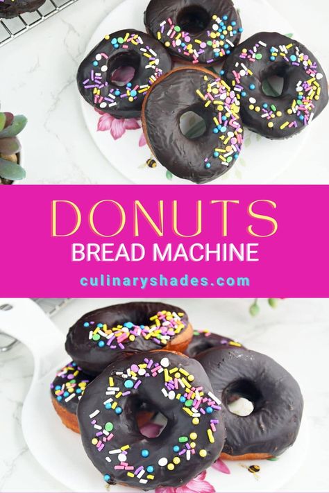 Chocolate Donuts on a platter. Breadmaker Donut Recipe, Bread Machine Donuts Recipes, Bread Maker Donut Dough, Doughnut Recipe For Doughnut Maker, Donuts In Bread Machine, Zojirushi Bread Machine, Making Donuts, Vegan Bread Recipe, Baguette Bread