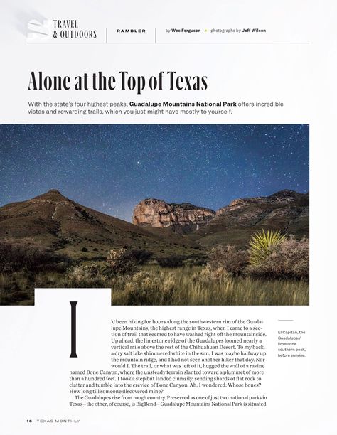 Texas Monthly on Behance Tourist Brochure, Typography Magazine, Guadalupe Mountains National Park, 잡지 레이아웃, Newspaper Layout, Guadalupe Mountains, Texas Monthly, Newspaper Design, Magazine Layout Design