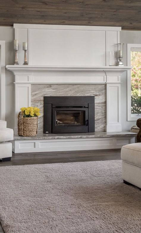 White Fireplace With Hearth, Fire Places Ideas Living Room Classic, Fireplace Wood Surround Ideas, Mantle For Gas Fireplace, Fireplaces With Wooden Mantles, Elongated Fireplace Ideas, Fireplace Trim Ideas Moldings Wood, Board And Batten Fireplace Surround, Fireplace With Granite Surround