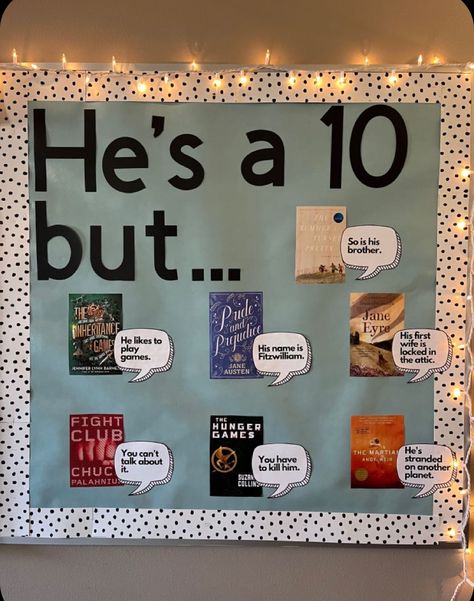 Middle School Library Display Ideas, Ya Library Displays, English Class Bulletin Boards, Classroom Library Middle School, High School Library Decor, Middle School Decorations Classroom, Library Board Ideas, Interactive Library Displays, Middle School Library Ideas