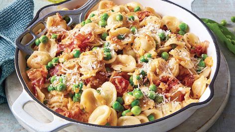 Orecchiette Carbonara Recipe | Woman's World Roman Pasta, Ground Beef And Potatoes, Bacon Eggs, Carbonara Recipe, Easy Pasta Dishes, Roasted Green Beans, Beef And Potatoes, Garlic Butter Chicken, Chops Recipe