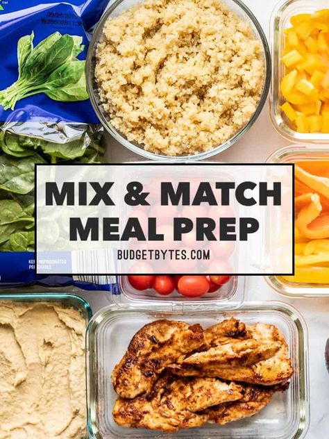 This Mix and Match Meal Prep is quick, easy, and provides you with plenty of fresh ingredients to a variety of meals throughout the week! BudgetBytes.com Meal Prep Budget, Breakfast Vegetables, Quick Meal Prep, Budget Bytes, Meal Prep Plans, Easy One Pot Meals, Prepped Lunches, Prep Recipes, Make Ahead Meals