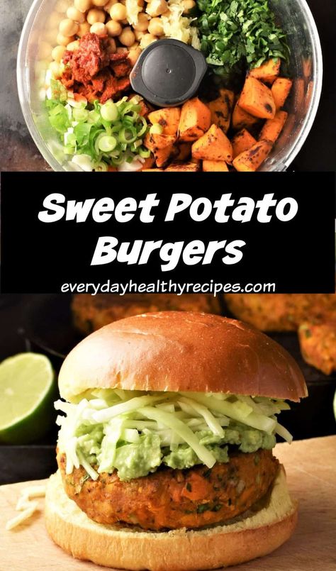 These sweet potato burgers are made using spiced, fried chunks of sweet potato so they have lots of delicious flavour as well as great texture. Vegan, gluten free and ready in under 30 minutes! #veganburger #vegetarianburger #sweetpotatoburger #veggieburger #everydayhealthyrecipes Veggie Burger Sweet Potato, Alkaline Lunch, Sweet Potato Chunks, Fried Sweet Potato, Vegetarian Burgers, Meatless Dinners, Vegetarian Recepies, Meatless Burgers, Sweet Potato Burgers