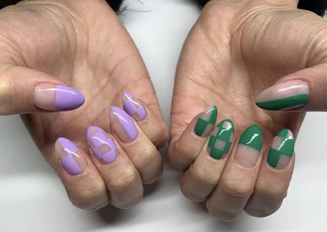 Green And Lilac Nails, Green Checkered Nails, Green And Purple Nails, Trendy Nails Green, Purple Almond Nails, Checker Nails, Almond Nails Nail Art, Checkered Nails, Lilac Nails