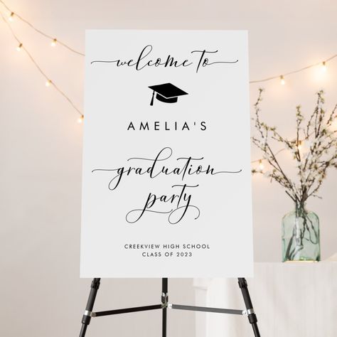 Minimalist Graduation Party Welcome Sign Minimalist graduation party welcome sign featuring script text that says "welcome to XX's graduation party." There is an illustration of a graduation cap. Minimalist Graduation Party, Graduation Party Welcome Sign, Happy Graduation Day, High School Graduation Party Decorations, Graduation Party Signs, Graduation Dinner, Graduation Announcement Cards, Party Welcome Sign, Graduation Invitations Template