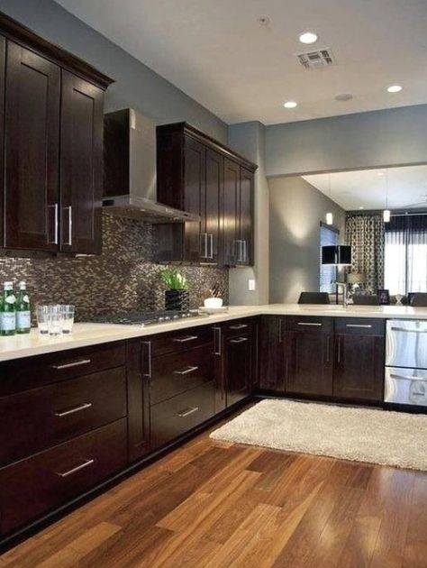 Dark Brown Kitchen Cabinets, Easy Kitchen Updates, Grey Kitchen Walls, Espresso Kitchen Cabinets, Cabinets Corner, Dark Brown Cabinets, Kitchen Ideas Dark Cabinets Espresso, Brown Kitchen Cabinets, Classy Kitchen