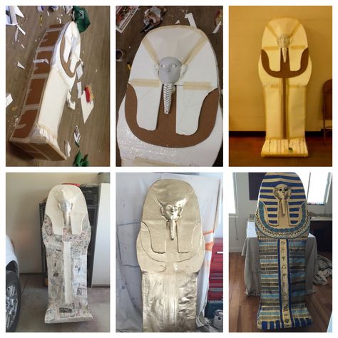 Sarcophagus DIY Diy Sarcophagus, Egyptian Halloween Decorations, Halloween Egyptian, Egyptian Themed Party, Ancient Egypt Crafts, Egyptian Decorations, Joseph In Egypt, Egyptian Halloween, Egyptian Wall Art