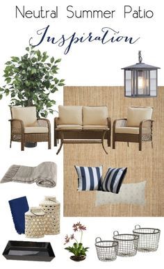 Summer Patio Inspiration - Love The combination of neutrals and navy :) Adirondack Furniture, Farmhouse Patio, Summer Patio, Patio Inspiration, Apartment Patio Decor, Patio Decorating Ideas On A Budget, Pergola Patio, Patio Spaces, Outdoor Patio Decor