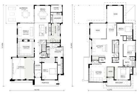 Two storey home design with 4 bedrooms and 2 bathrooms. This design has multiple double height and/or large living spaces to provide a spacious feel. Majority of plan is open floor to avoid the closed off feel. Double Storey House Plans, Double Height Living Room, Living Room Plan, Double Storey House, Double Height, Building Contractors, Storey Homes, Master Bed, Unit Plan