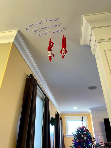 Elf On Ceiling, Elf On The Shelf Dance Party Idea, Elf On The Shelf Prank Ideas, Snoop On A Stoop Ideas, Elf Poses, Elf On The Shelf Pet Ideas, Elf 2024, Christmas Pranks, Elf Ideas Easy