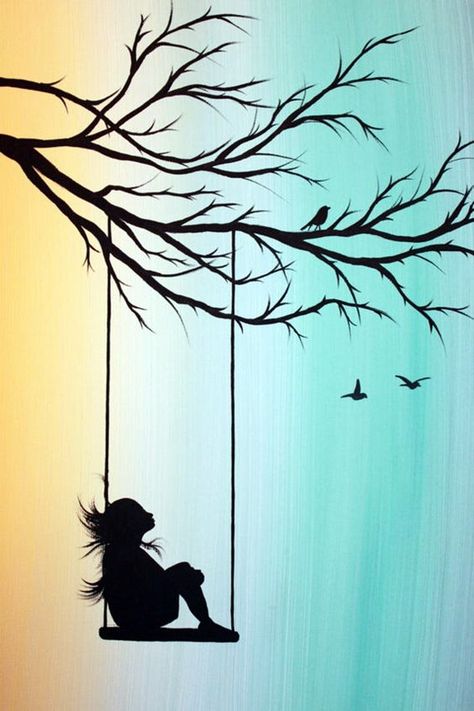 Amazing Silhouettes Art For Inspiration (31) Painting Beginners, Art Beginners, Easy Landscape Paintings, Beginners Painting, Nature Art Drawings, Art Painting Tools, Silhouette Painting, Siluete Umane, Seni Cat Air