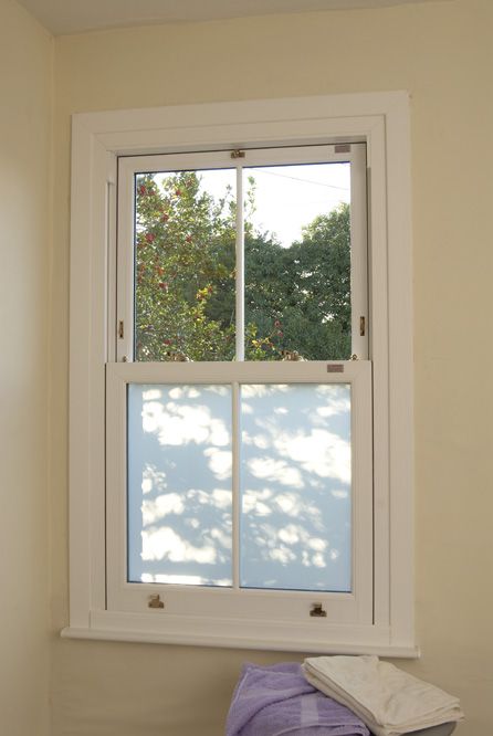 White uPVC Sliding Sash window featuring Silver Mist obscure glazing Chartwell Green Front Door, Upvc Sash Windows, Double Glazed Sash Windows, Victorian Windows, Green Front Doors, Sash Window, Window Glazing, Bathroom Window, Upvc Windows