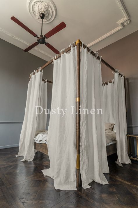 Experience Comfort and Coziness All Year Round with Our Linen Canopy Bed CurtainsCrafted from premium-grade linen, our panels are designed to create a warm and welcoming ambiance in your bedroom. With our linen canopy bed curtains, you can enjoy the ultimate feeling of comfort and coziness, no matter what season it is. IMPORTANT DETAILS💖 All our items are handmade and made to order.💖 Price includes 4, 6, or 8 linen curtain panels.💖 This listing includes 4, 6, or 8 canopy bed curtains in your chosen size (curtain straps not included).💖 Contact us for custom sizes.*Measure your four-poster bed frame before purchasing.**The photos show 8 canopy bed curtains (110x220cm/43''x86'') in semi-sheer Natural Light color (fabric density: 190 g/m2).💓 Linen canopy bed scarves Canopy Drapes, Linen Canopy, Off White Curtains, Four Poster Bed Frame, Natural Curtains, Canopy Bed Curtains, Linen Couch, Linen Blackout Curtains, Canopy Curtains