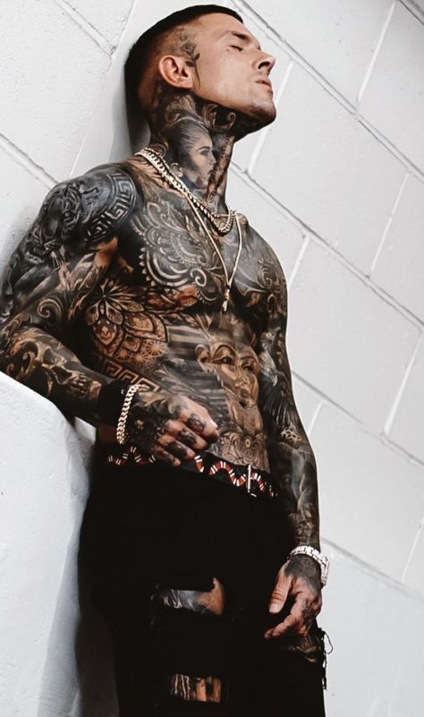 Big Cover Up Tattoos, Tattoo Mafia, Tattooed Man, Skull Sleeve Tattoos, Skull Sleeve, Stephen James, Full Body Tattoo, Male Fitness Models, Boy Tattoos