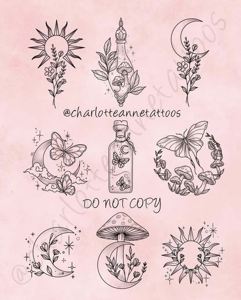 Mystical Patchwork Tattoos, Sticker Sleeve Tattoos For Women Ideas, Cottage Core Back Tattoo, Witchy Herbal Tattoos, Ren Faire Tattoo, Best Friend Tattoos Plants, Fantasy Patchwork Tattoos, Dark Cottage Core Tattoos, Simple Cottage Core Tattoos