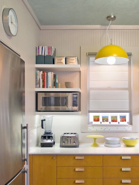 Saving Space: 15 Ways Of Mounting Microwave In Upper Cabinets, with open shelving Microwave Toaster, Microwave Shelf, Ikea Design, Diy Backsplash, Budget Kitchen, Open Kitchen Shelves, Builder Grade, Kitchen Remodel Before And After, White Countertops