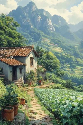 ↑↑↑ Larger size on website 🔸 A quaint, whitewashed cottage sits nestled amidst lush greenery on a hillside. The roof is a warm br Cottage On A Hill, Hillside Cottage, Rural Cottage, Stone Path, Leafy Vegetables, Minecraft Ideas, Rural Life, A Hill, Lush Greenery