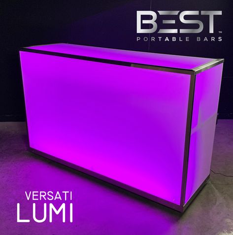 The VERSATI LUMI backlit portable bar on wheels, elegant, spectacular and highly functional. Stainless Steel structure and workspace, with high luminosity LED lighting with remote and sound control.    Durable, Reparable, Recyclable, Energy Efficient.  #portablebar #mobilebar #eventfurniture #hotelbar #hotelfurniture #interiordesign #homebar #beverage #bartending #event #foodandbeverage #hospitality Diy Portable Bar, Portable Bar On Wheels, Disco Ideas, Neon Pool Parties, Blow Out Bar, Bar On Wheels, Inside Bar, Portable Pools, Blinded By The Light