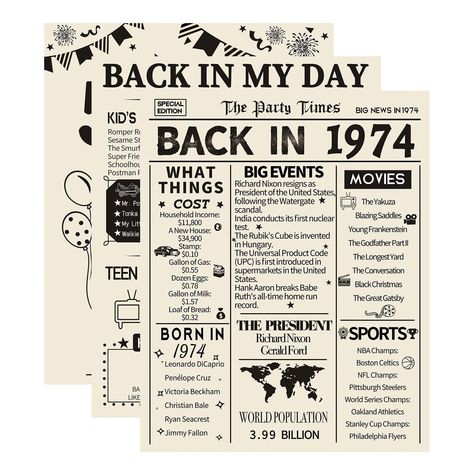 PRICES MAY VARY. 【Creative Gifts】: Take a look back in 1974, celebrate a milestone birthday with these posters brimming full of fun facts from 1974. Great gifts or decorations for 50th birthday party, wedding anniversary. 【Recall Memories】: The vintage theme is eye catching and a great conversation starter. These 50th posters designed to give you a memorable event. Recall some great memories about you and your loved one. 【Suitable Size】: 1974 posters are professionally printed on 8”x10" premium 60th Birthday Party Decorations, 80th Birthday Decorations, 70th Birthday Decorations, 60th Birthday Decorations, Birthday Decorations For Men, 30th Birthday Decorations, 50th Birthday Decorations, 40th Birthday Decorations, Gifts For Men And Women