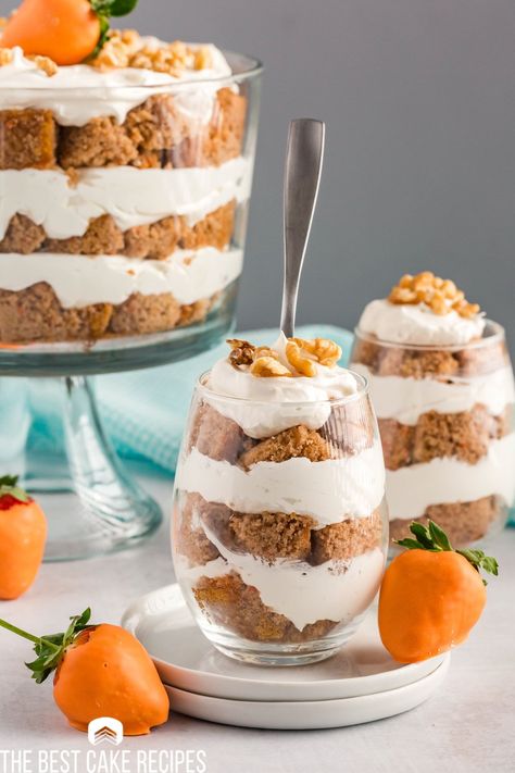 Easter Trifle Desserts, Carrot Cake Trifle, Layered Carrot Cake, Carrot Cake Dessert, Cake Trifle, Trifle Dessert Recipes, Homemade Cream Cheese, Mason Jar Desserts, Homemade Carrot Cake