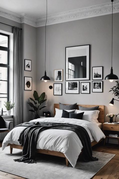 👉👈 Find the perfect style for your home. 💤. Follow Us#bedroom#bedroomdecor#bedroomfurniture#bedroomdecorideas#bedroomdesign#bedroominspiration#bedroomdecoration#bedroominspirations#bedroominspo#bedroommakeover#bedroomdecorating#bedroomidea#bedroomsdecor#bedroomdecor#bedroomremodel#bedroomdesignideas#bedroomdesigns#bedroominterior Grey And Black Themed Bedroom, Minimalist Bedroom Grey Walls, Dark Bedroom White Walls, Minimal Male Bedroom, Bedroom Ideas For Older Women Over 50, Modern Minimalist House Design Interiors, Sofisticated Bedroom, Greyscale Bedroom, Edgy House Decor