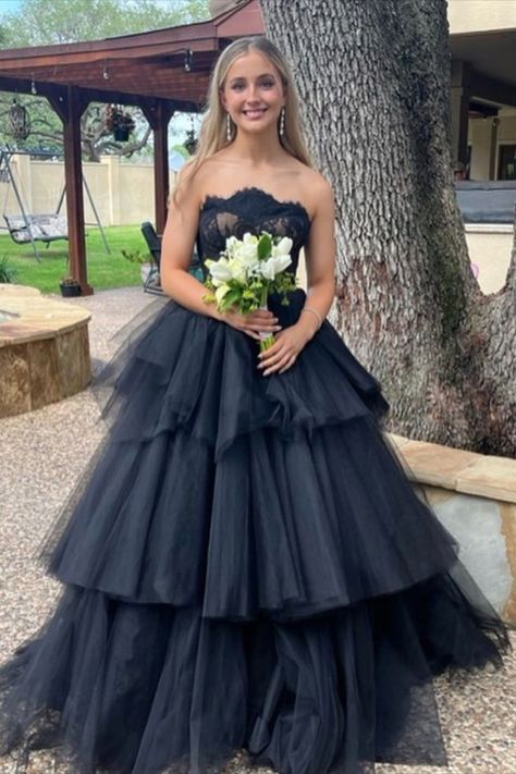 Black Tiered Tulle Prom Dress Black Wedding Gowns, Ball Gown Prom Dress, Ball Gown Dress, Tulle Ball Gown, Lace Strapless, Black Tulle, Gothic Wedding, Black Wedding Dresses, Prom Dresses Ball Gown