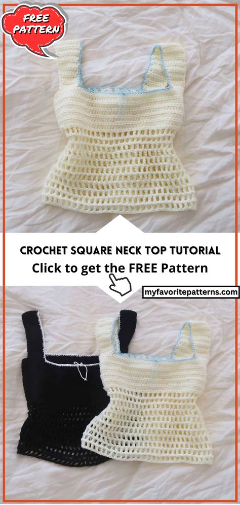 Crochet Square Neck Top Tutorial Crochet Square Neck Top Pattern Free, Easy Free Crochet Top Patterns, Crochet Tops Pattern Free Summer, Crochet Top With Pattern, Cute Crochet Tops Pattern, Crochet Summer Inspiration, Free Crochet Top Patterns For Beginners, Trendy Crochet Patterns Free, How To Crochet A Top Step By Step