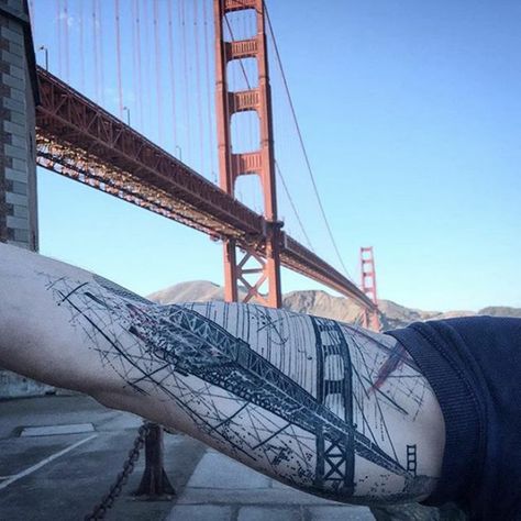 10+ Architecture Tattoos That'll Make You Want To Get Inked Golden Gate Bridge Tattoo, Steampunk Tattoo Design, Bridge Tattoo, Steampunk Tattoo, Circle Tattoos, Modern Skyscrapers, Tattoo People, Trash Polka, Architecture Tattoo