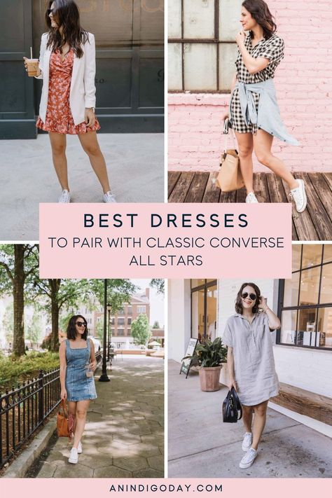 How to style your favorite dresses with classic Converse All Stars. Spring and summer outfit ideas for women. Summer Dress With Converse, Converse Outfit Summer Dress, Sundress And Sneakers Outfit Ideas, Dress With Chuck Taylors, White Converse Dress Outfit, White Converse With Dress, White All Star Converse Outfit, Allstar Converse Outfits, Converse Chuck Taylor Outfit Women