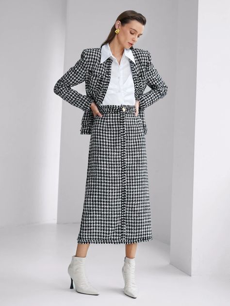 Women Bottoms, Women Skirts, Tweed Skirt, Houndstooth Pattern, Straight Skirt, Cashmere Coat, Shein Style, Winter Women, Fashion News