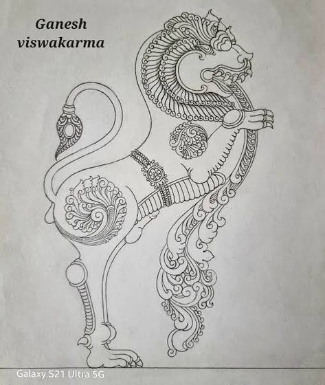 Yali Temple Art, Yazhi Design Drawing, Traditional Drawing Indian, Temple Drawing, Mysore Painting, Indian Traditional Paintings, Buddhist Art Drawing, Ancient Drawings, Landscape Design Drawings