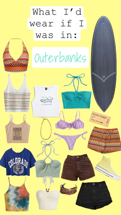 Everything besides the shoes, jewelry, ticket, and surfboard can be found on SHEIN! Outerbanks Aethstetic Outfit, Obx Outfits Shein, Cute Surfboards, Vintage Preppy Outfits, Beachy Aesthetic Outfits, Casual Summer Outfits Dresses, Shein Summer Outfits, Vsco Aesthetic Outfits, Pogue Life Outfits