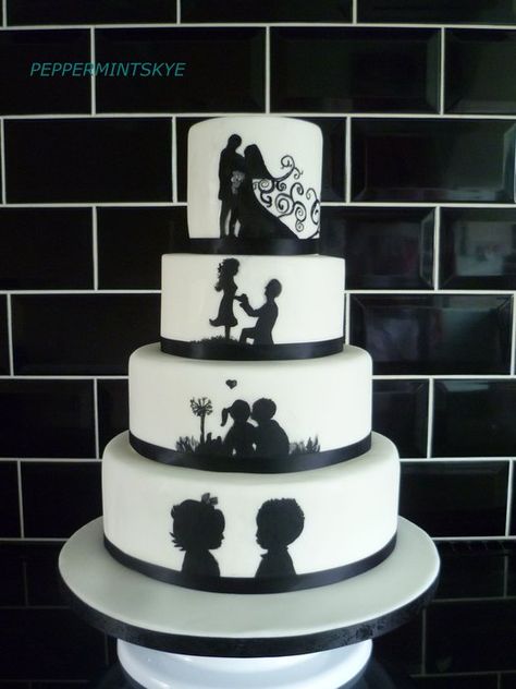 Preciosa tarta describiendo la vida desde que la pareja se conocio hasta el dia de su boda. Black Wedding Cake, Black And White Wedding Cake, Silhouette Cake, White Wedding Cake, Wedding Cake Inspiration, Love Cake, Wedding Cake Designs, Fancy Cakes, Pretty Cakes