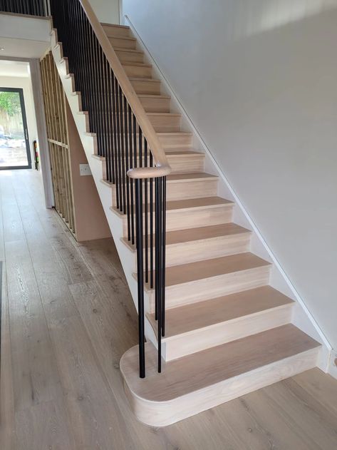 Cut String Stairs with Metal Spindles | Gallery Metal Spindles Staircase, Staircase Contemporary, Staircase Spindles, Stairs Cladding, Metal Spindles, Carpet Staircase, Bespoke Staircases, Narrow Staircase, Contemporary Stairs