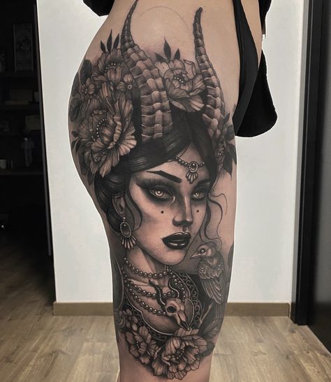 Gothic Goddess Tattoo, Gothic Lady Tattoo, Witch Portrait Tattoo, Devil Back Tattoo, Dark Feminine Tattoos Half Sleeves, Devil Woman Tattoo, Hecate Goddess Tattoo, Female Goddess Tattoo, Capricorn Goddess Tattoo