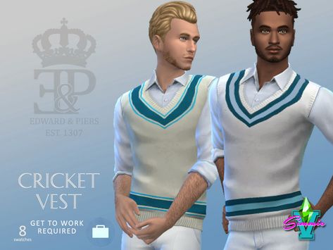 SimmieV's Edward & Piers Cricket Vest 60s Men, Money Clothes, 1950s Mens, Male Clothing, Los Sims, Cricket Match, Sims 4 Cas, Money Aesthetic, Ts4 Cc