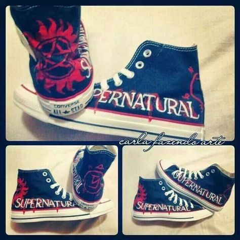 I would pay a lot of money for these! Supernatural Shoes, Supernatural Crafts, Supernatural Outfits, Cool Converse, Supernatural Merchandise, Supernatural Fan Art, Supernatural Quotes, Supernatural Memes, Odaiba