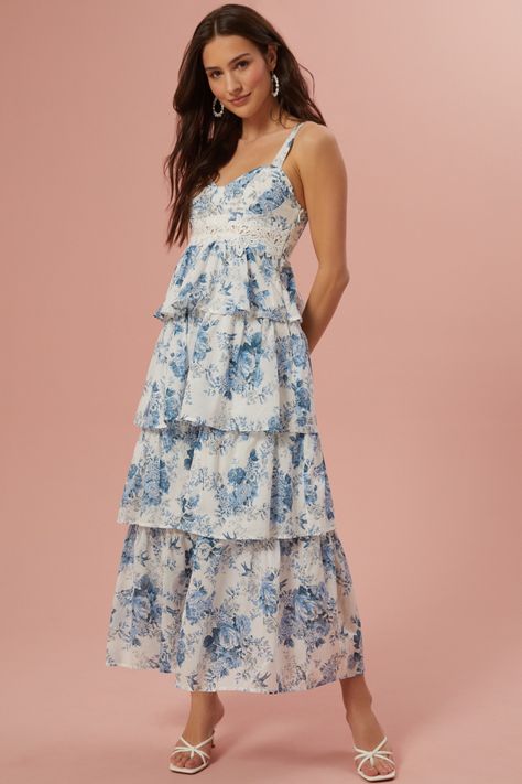 Cambri Floral Tiered Dress in Ivory & Blue | Altar'd State Altered State, Floral Bridesmaid Dresses, Causal Dresses, White Floral Dress, Puff Sleeve Dresses, Altard State, Boho Maxi, Easy Breezy, Sleeve Dresses