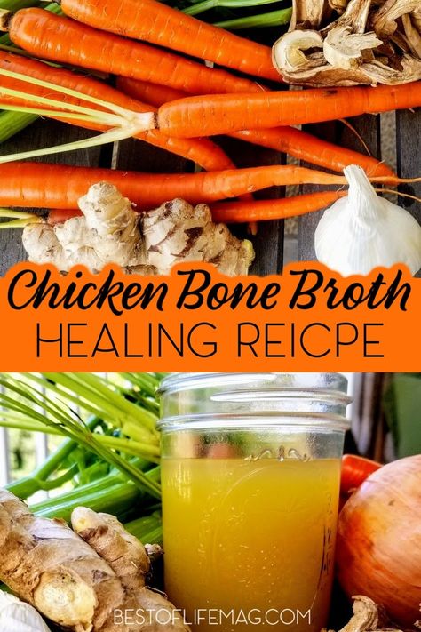 This healing chicken bone broth recipe is a great way to get natural nutrients that can help with gut health as well as sleep and even weight loss. Bone Broth Soup | Bone Broth Benefits | Healthy Bone Broth Recipe | Easy Broth Recipe | Broth Recipe with Chicken Bones | Chicken Broth Recipe | Instant Pot Chicken Bone Broth Recipe | Pressure Cooker Bone Broth Recipe | How to Make Chicken Bone Broth | How to Use Chicken Bones | Health Benefits of Chicken Bone Broth via @amybarseghian Making Bone Broth Chicken, Healing Bone Broth Soup, Diy Chicken Broth Simple, Best Chicken Bone Broth Recipe, Chicken Bone Broth Recipes, Chicken Bone Broth Recipe Instant Pot, Roasting Bones For Bone Broth, Crockpot Chicken Bone Broth, Making Chicken Broth From Bones