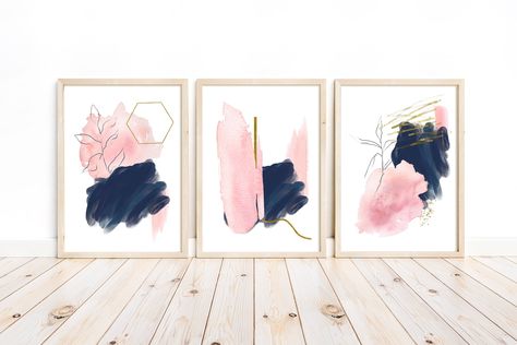 Art Work For Bedroom, Pink And Gold Wall, Hallway Prints, Ivory Room, Wall Abstract Art, Rose Gold Wall Art, Blue And Pink Bedroom, Navy Home Decor, Prints Bedroom