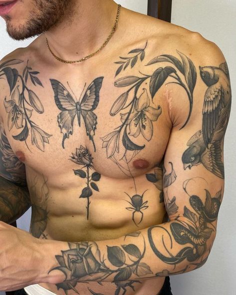 22 Chest Tattoos For Men That Are Cool & Empowering Nature Realism Tattoo, Mens Chest Tattoo, Chest Tattoo Writing, Upper Chest Tattoo, Mandala Chest Tattoo, Owl Tattoo Chest, Chest Tattoos For Men, Mens Body Tattoos, Tattoo Placement Arm