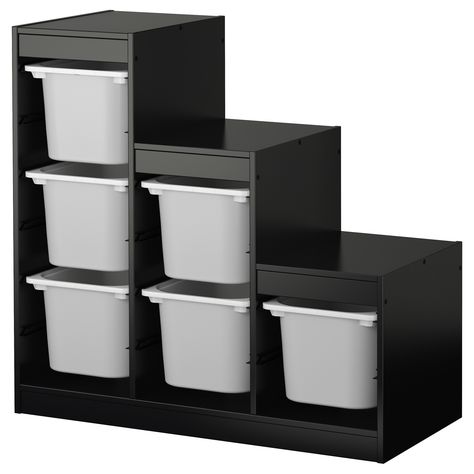 IKEA - TROFAST, Storage combination with boxes, black/white, , A playful and sturdy storage series for storing and organizing toys, sitting, playing, and relaxing.The frame comes with guide rails, so you can place boxes and shelves where you want them, and change them any time.Low storage makes it easier for children to reach and organize their things. Under Stairs Cupboard Storage, Trofast Storage, Ikea Trofast Storage, Closet Redo, Ikea Trofast, Baby Barn, Under Stairs Cupboard, Boy Decor, Shared Bedrooms