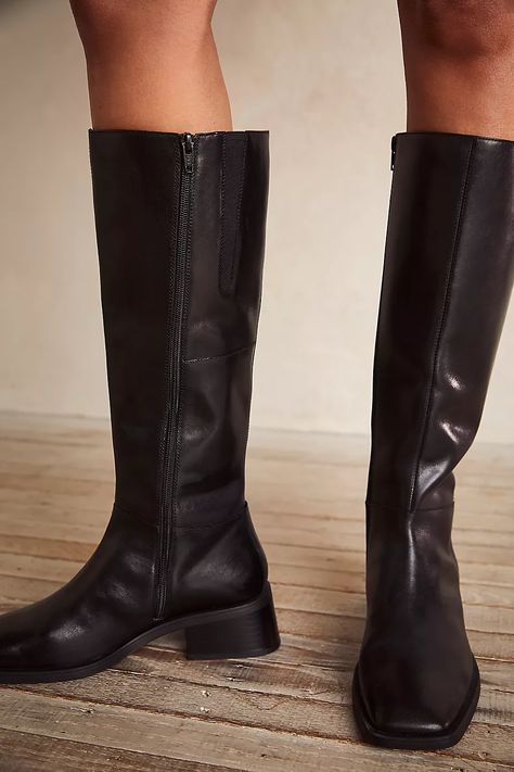 Vagabond Blanca Tall Boots | Free People Knee High Black Boots Heels, Square Toe Flat Knee High Boots, Slouchy Knee High Boots, Black Square Boots, Knee Length Black Boots, Mid Rise Boots Outfit, Square Toe Tall Boots, Knee High Square Toe Boots, Sophisticated Alternative Fashion